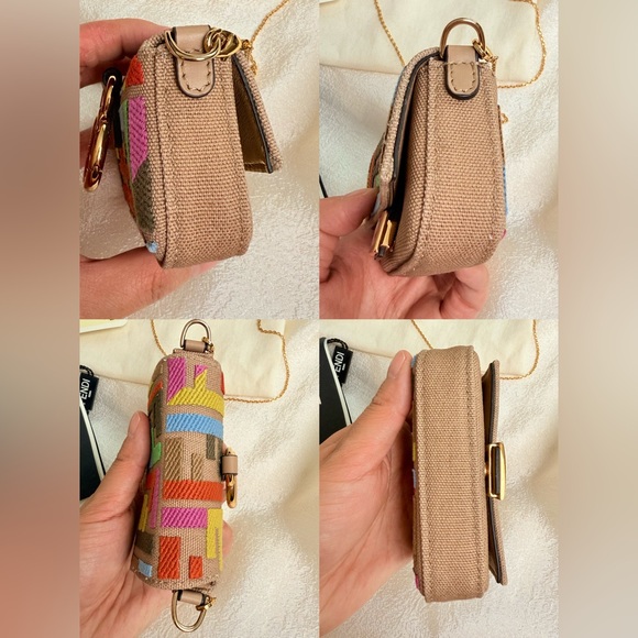 Fendi Kuban Canvas FF Embroidered Nano Baguette Bag Charm Grezzo Multicolor - Picture 12 of 17
